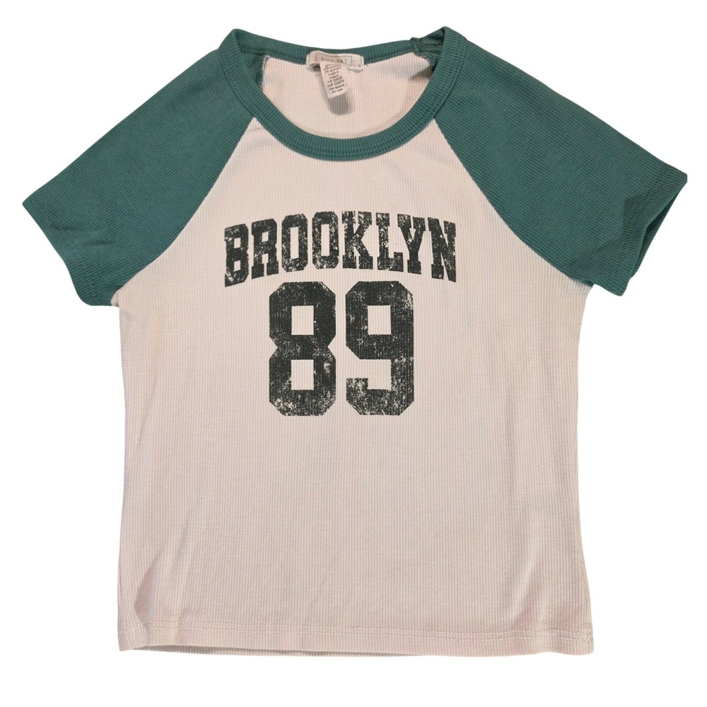 Full Tilt Womens Brooklyn 89 Raglan Crop Tshirt Teal White Ribbed Knit Size M